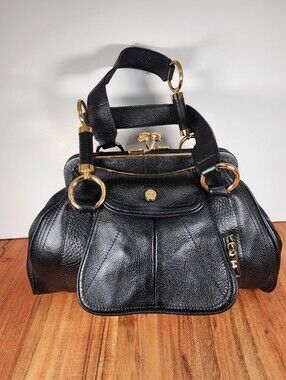 Celine Candelstine Kiss Lock Black Leather Shoulder Tote Handbag Superb Vintage